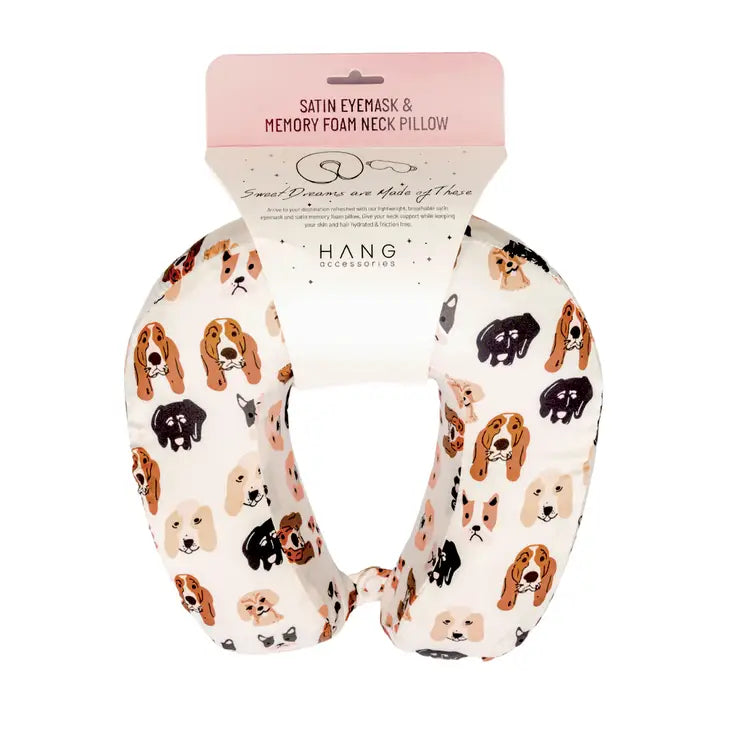 Dog Patterned Memory Foam Neck Pillow with Satin Cover