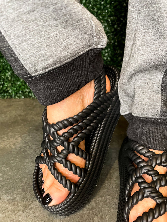 Ressa Braided Platform Slip On Sandals-Black