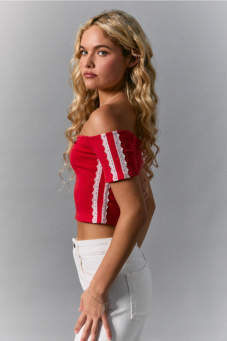 Lace Trim Crop -Red