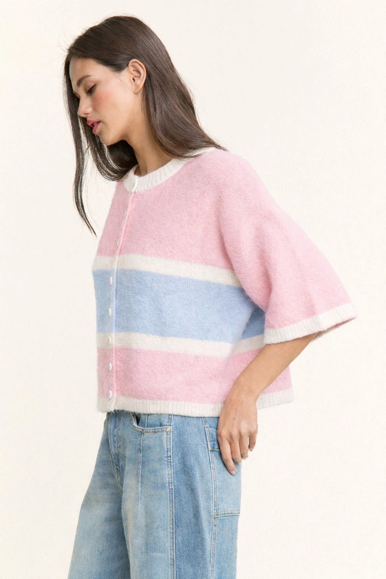 Lou Short Sleeve Cardi - Pink/Blue