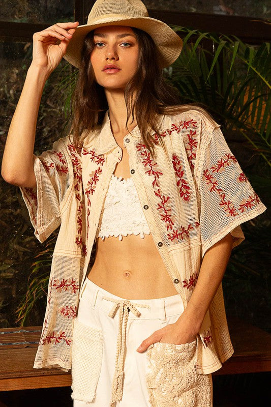 Portugal Embroidered Gauze Top - Natural