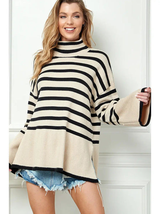 Slayder Striped Turtleneck Wide Sleeve Sweater-Beige/Black