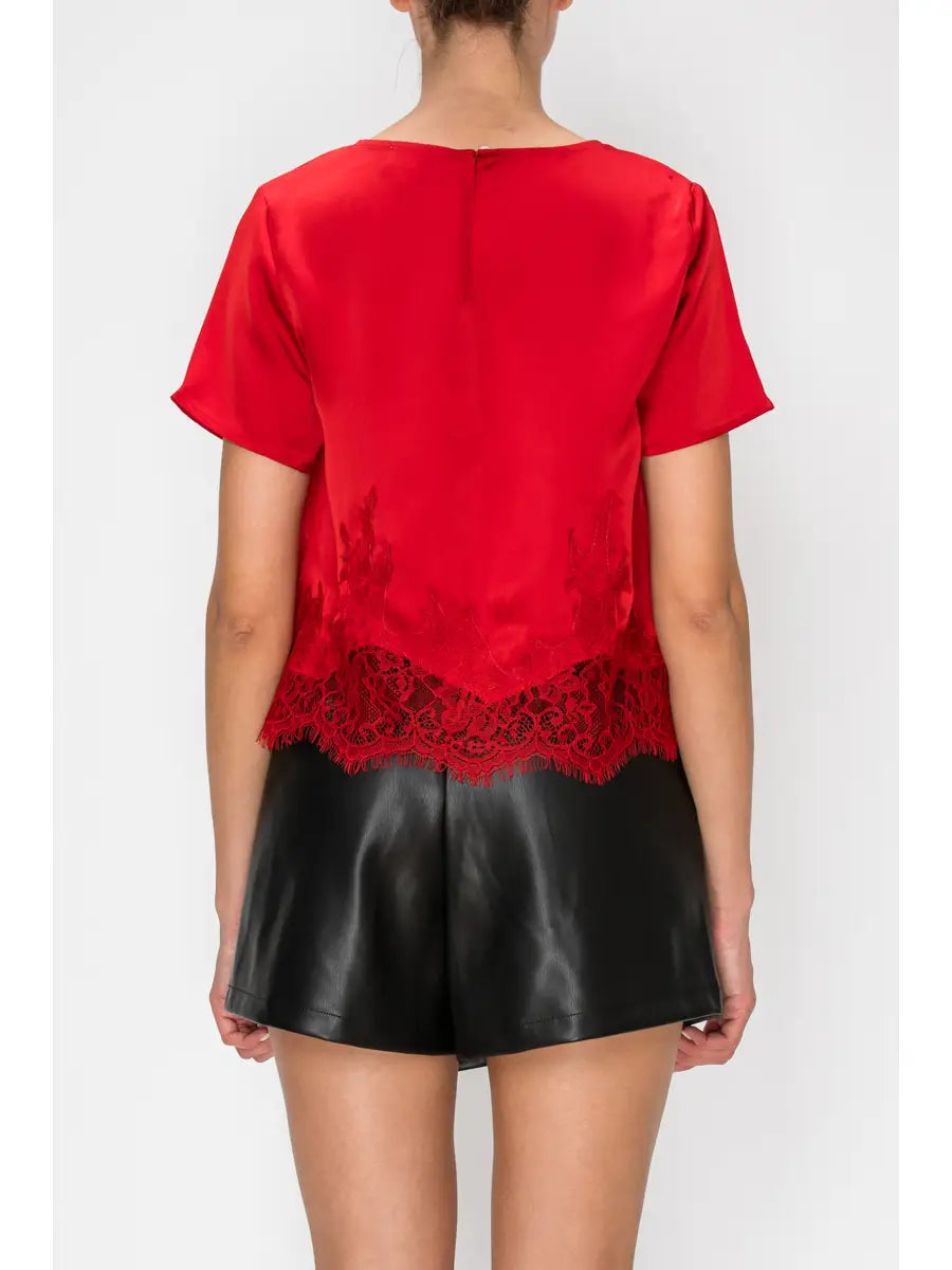 Lace Trim Silk Blouse-Red