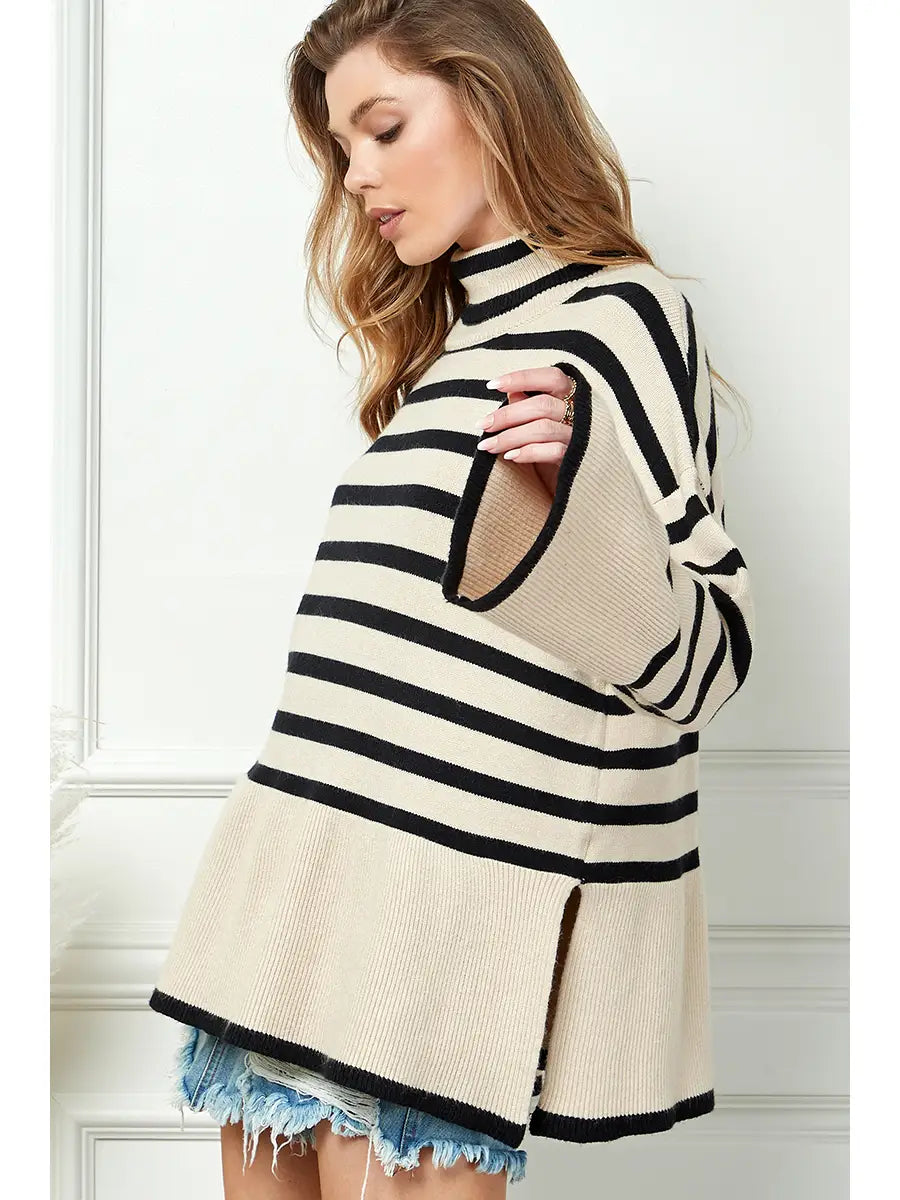 Slayder Striped Turtleneck Wide Sleeve Sweater-Beige/Black