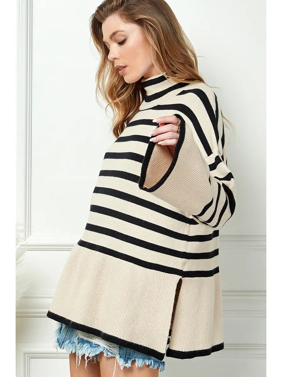 Slayder Striped Turtleneck Wide Sleeve Sweater-Beige/Black