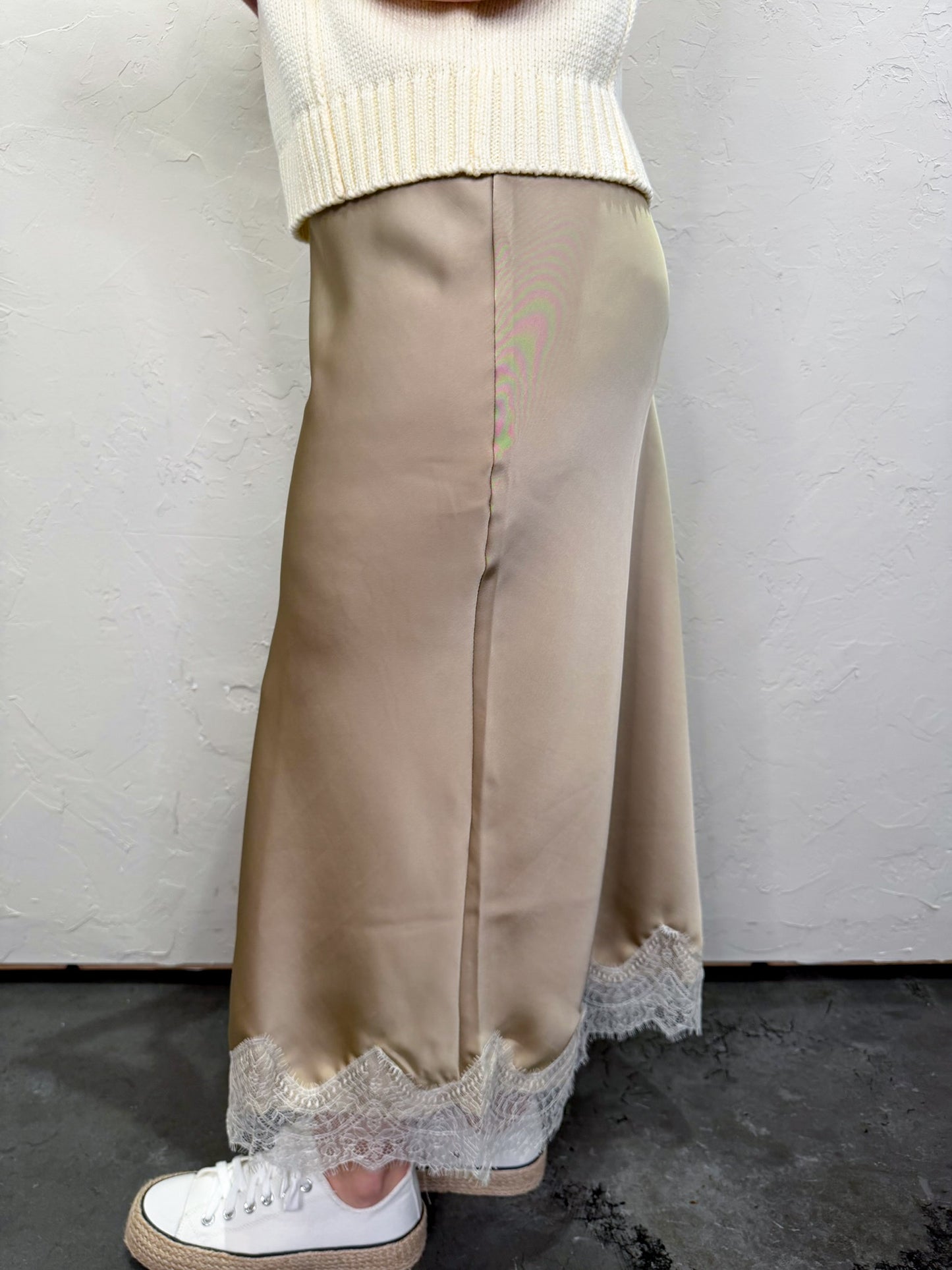 Cheers Lace Trim Midi Skirt - Khaki