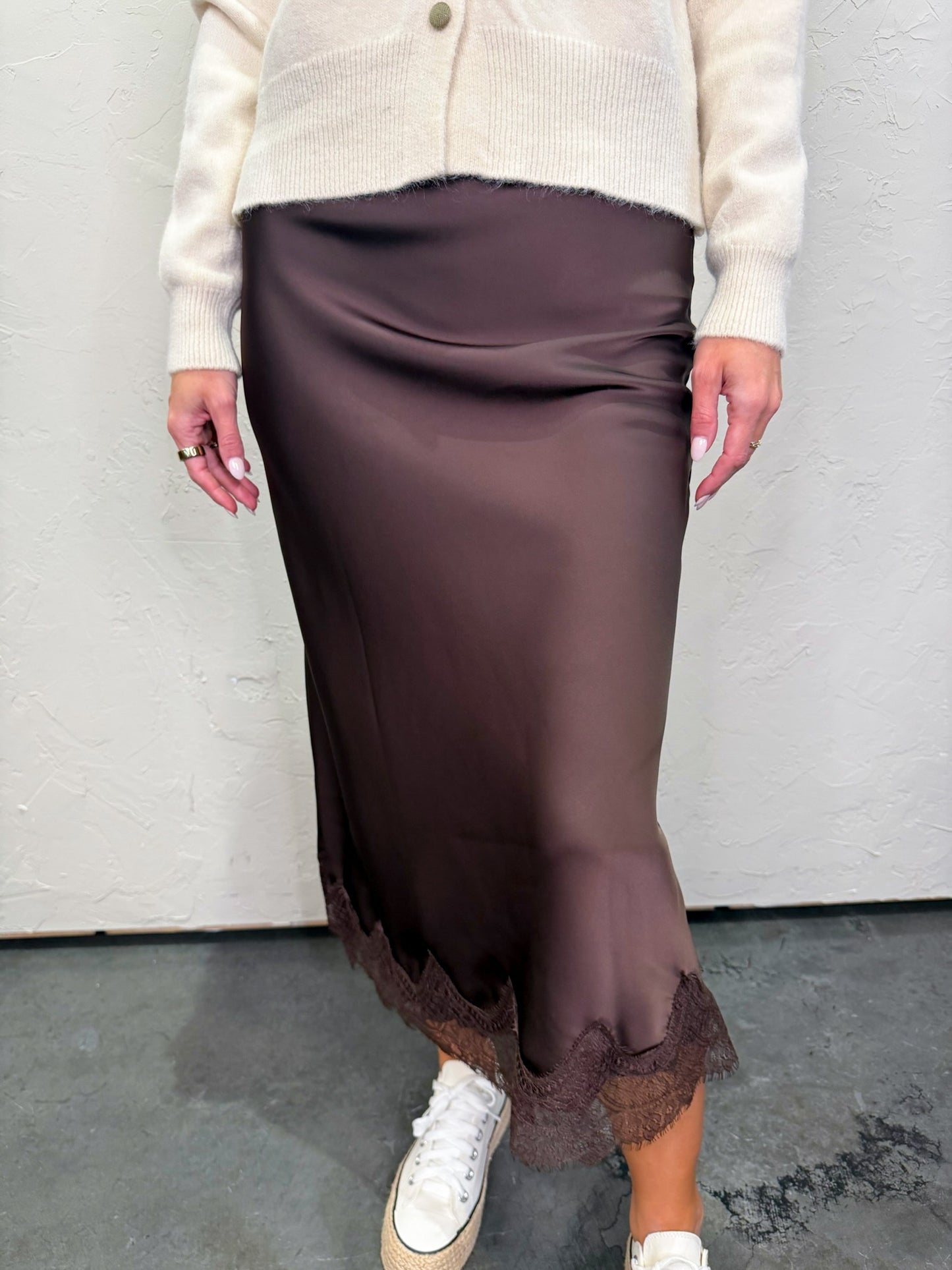 Cheers Lace Trim Midi Skirt - Brown