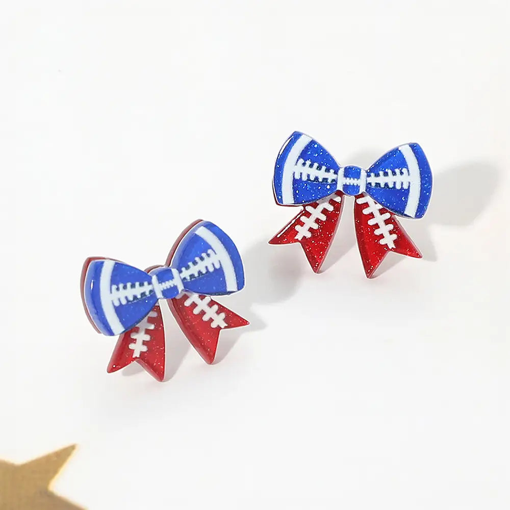 Football Bow Earrings -Blue/Red