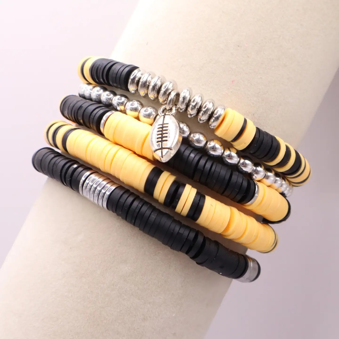 Black and Gold Game Day Heishi Bead Bracelet Stack