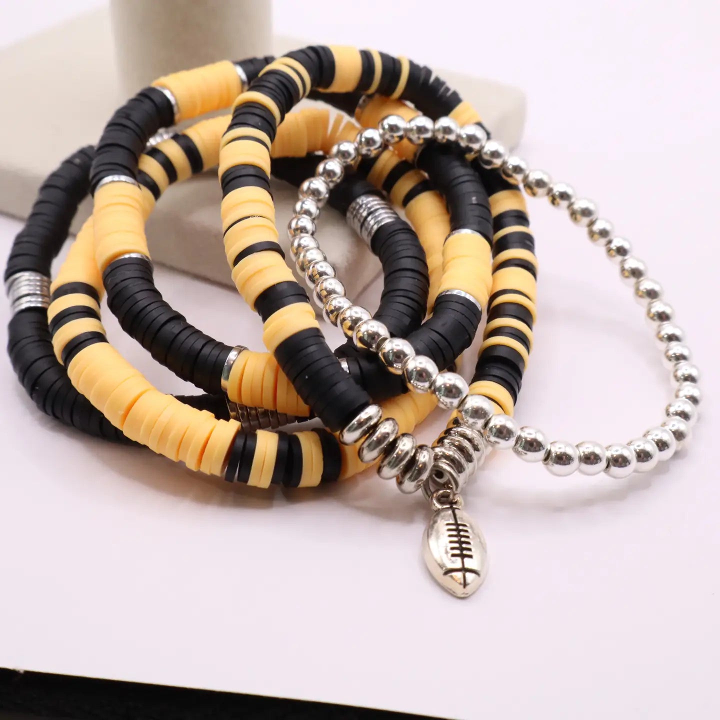 Black and Gold Game Day Heishi Bead Bracelet Stack