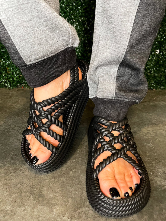Ressa Braided Platform Slip On Sandals-Black