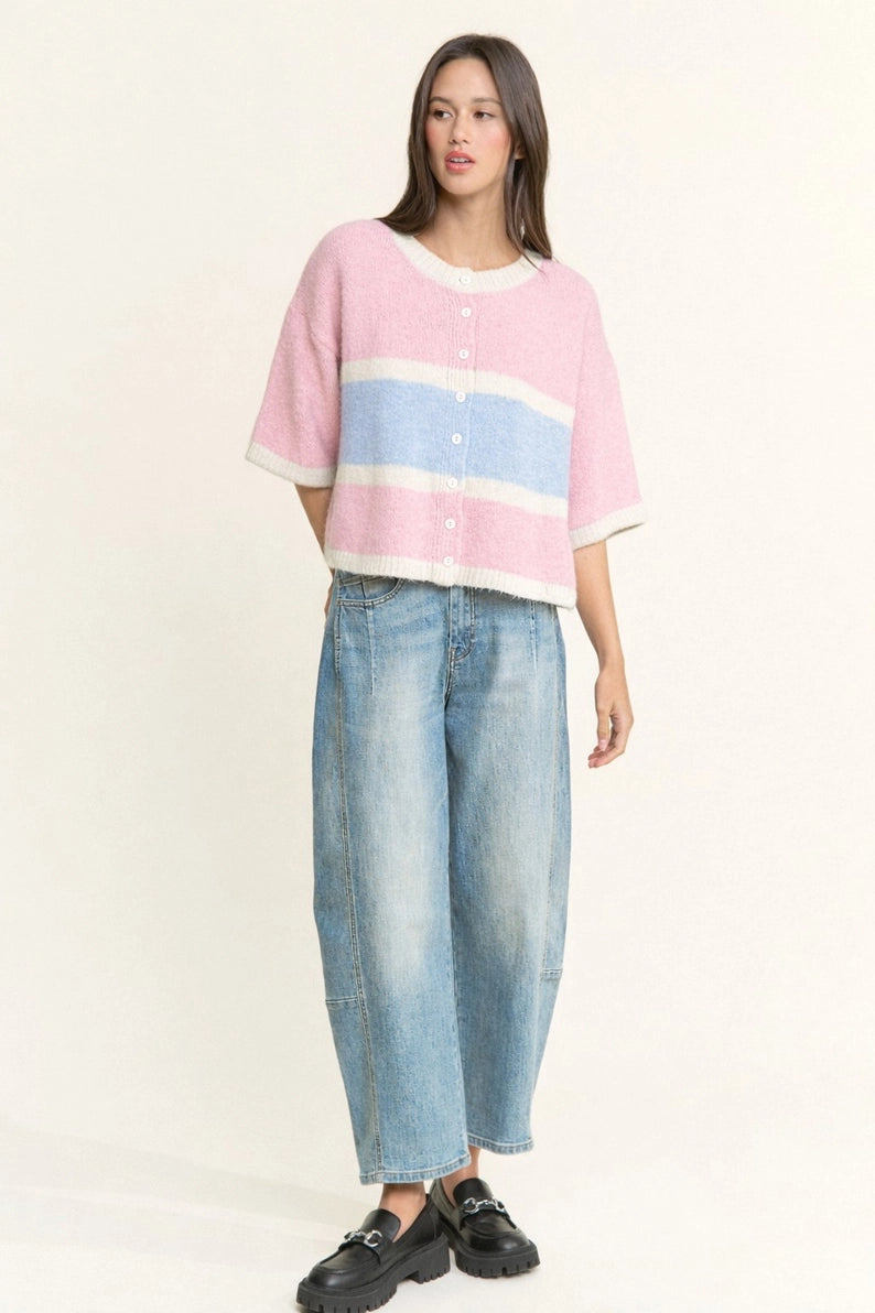 Lou Short Sleeve Cardi - Pink/Blue