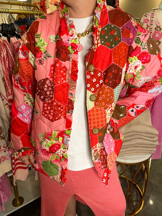 Ruffles and Roses  Quilted Jacket-Pink Floral