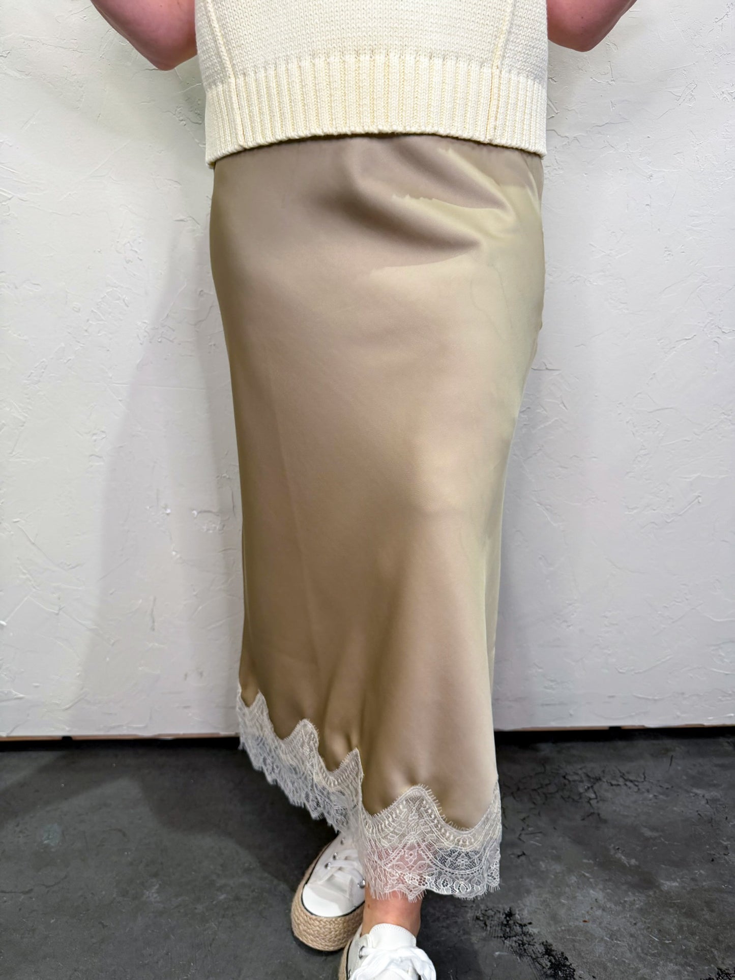 Cheers Lace Trim Midi Skirt - Khaki