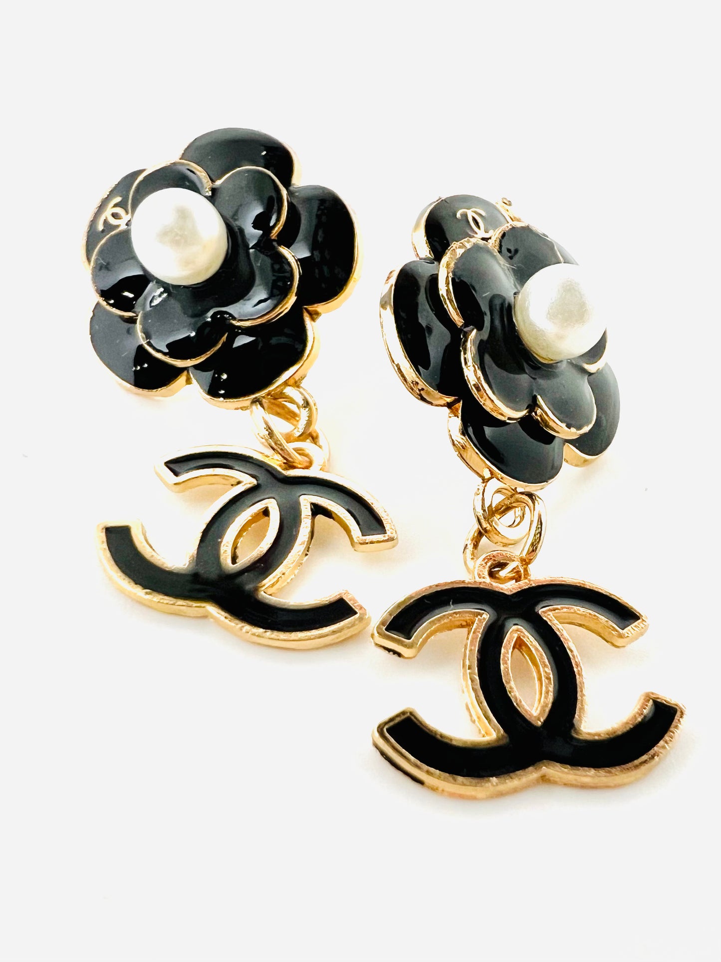 Camellia Repurposed Black Flower Dangle earrings