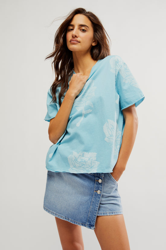 Free People: Painted Floral Tee - Blue Combo