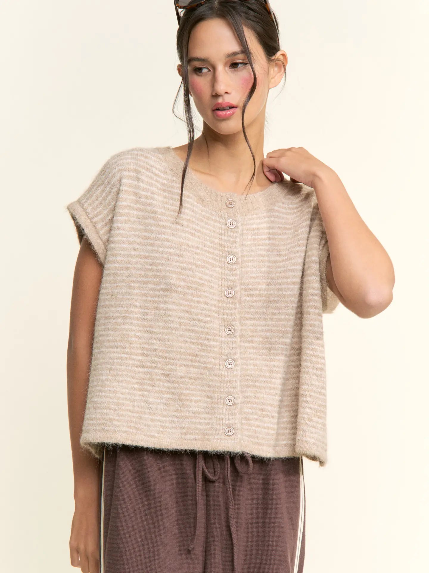 Pippa Short Sleeve Cardi - Tan Stripe