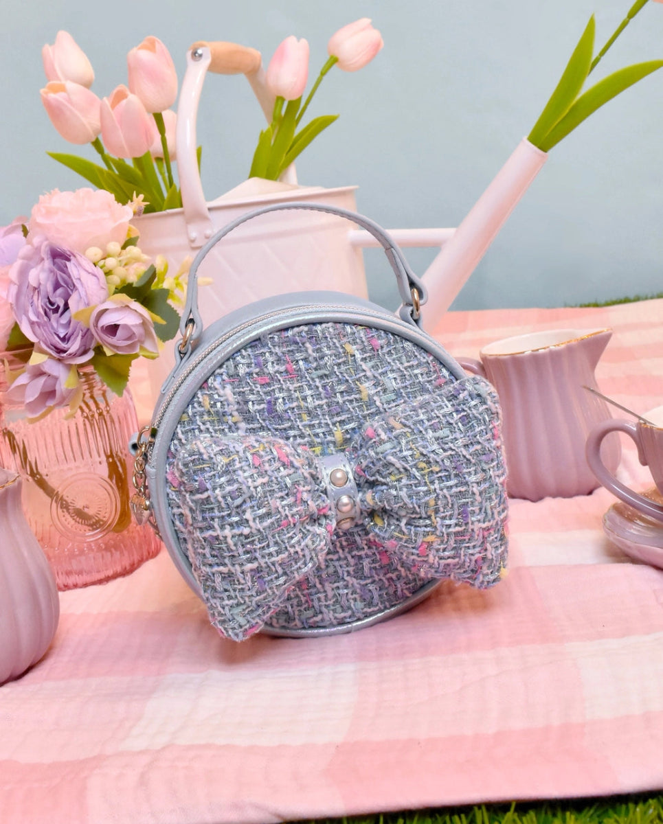 Blue Tweed Bow Round Crossbody - Revel Boutique