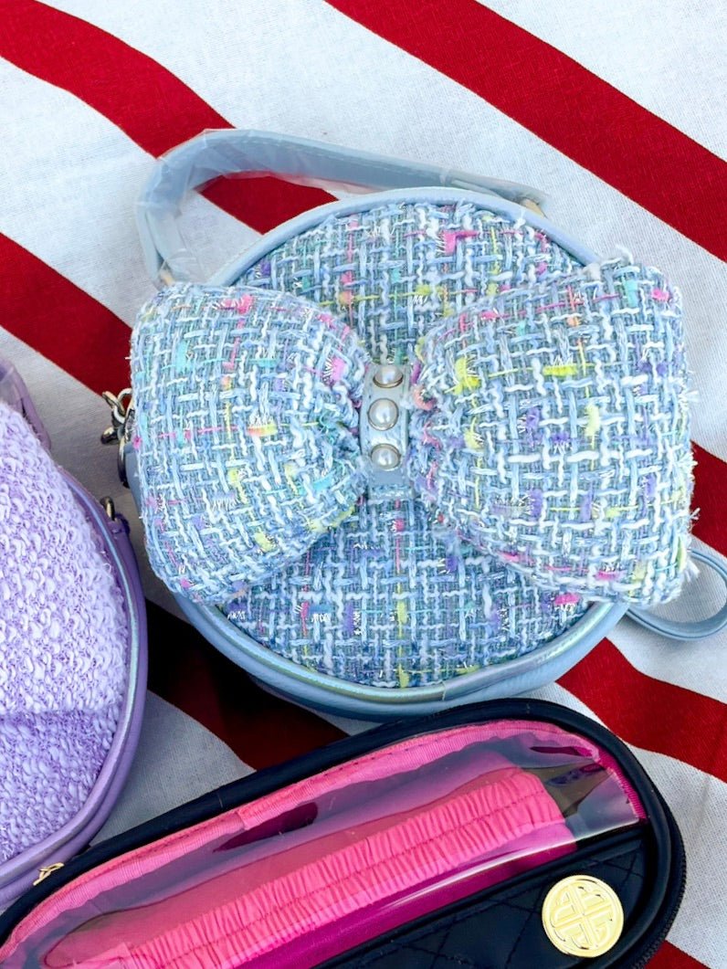 Blue Tweed Bow Round Crossbody - Revel Boutique