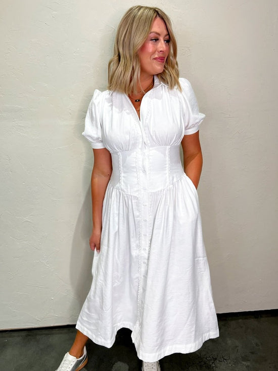 Bree Button Down White Midi Dress - Revel Boutique