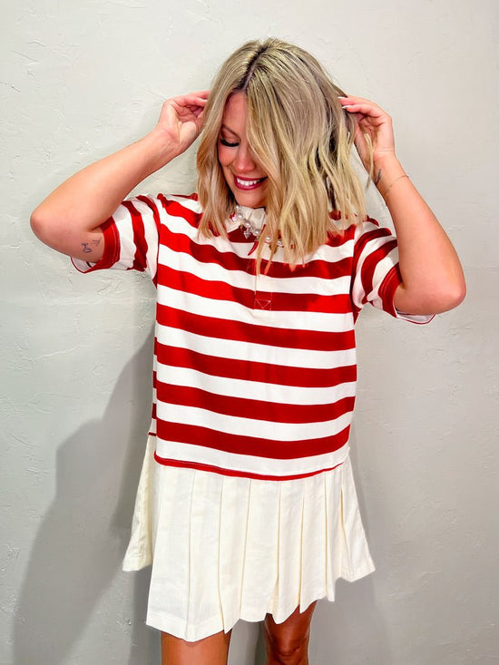 Busy Bee Pleated Dress - Red - Revel Boutique