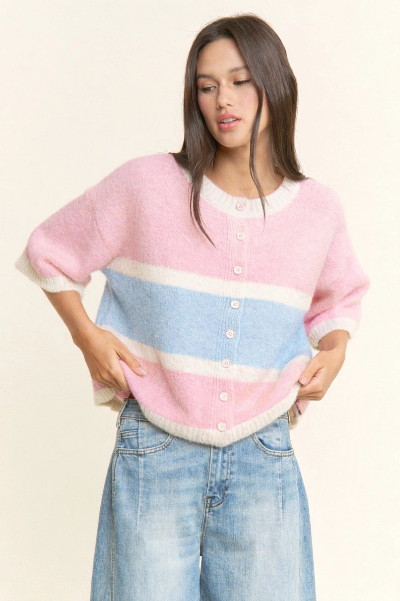Lou Short Sleeve Cardi - Pink/Blue