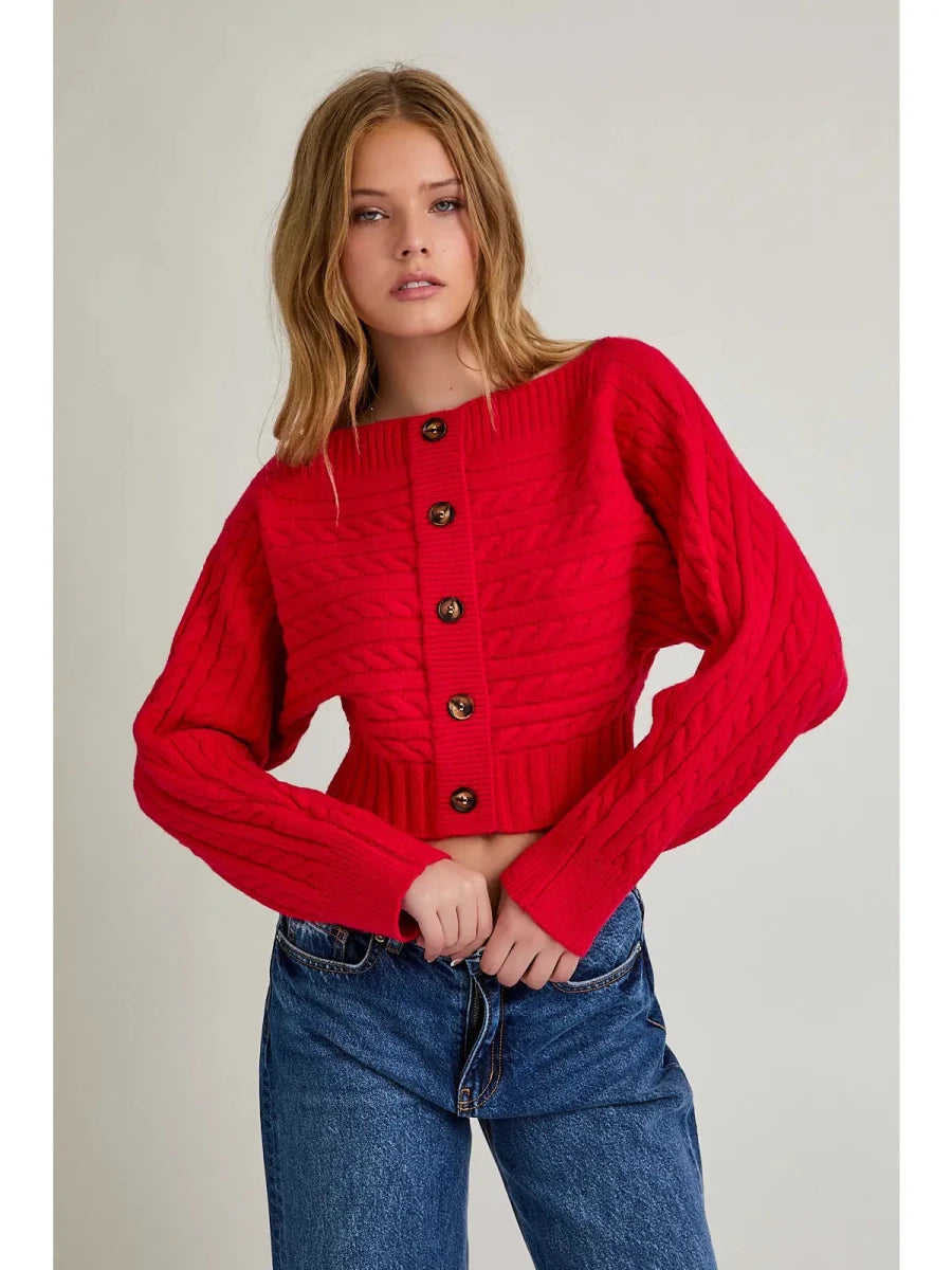 Cable Off Shoulder -Red - Revel Boutique