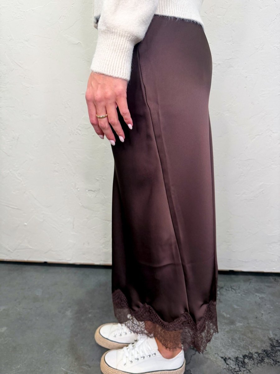 Cheers Lace Trim Midi Skirt - Brown - Revel Boutique
