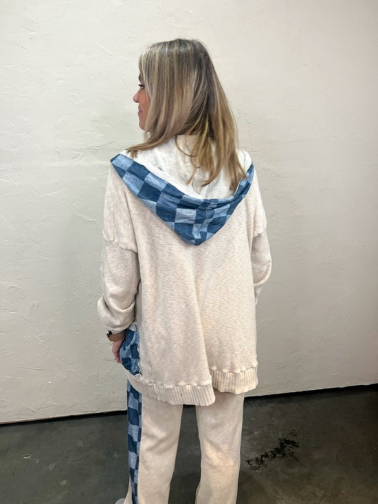 Load image into Gallery viewer, Cooper Check Hooded Cardigan - Snow/Blue - Revel Boutique
