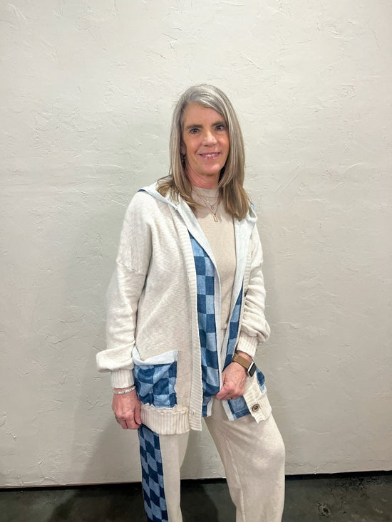 Cooper Check Hooded Cardigan - Snow/Blue - Revel Boutique