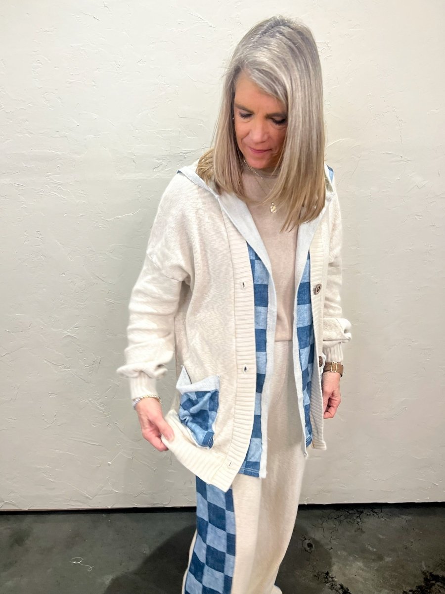 Cooper Check Hooded Cardigan - Snow/Blue - Revel Boutique