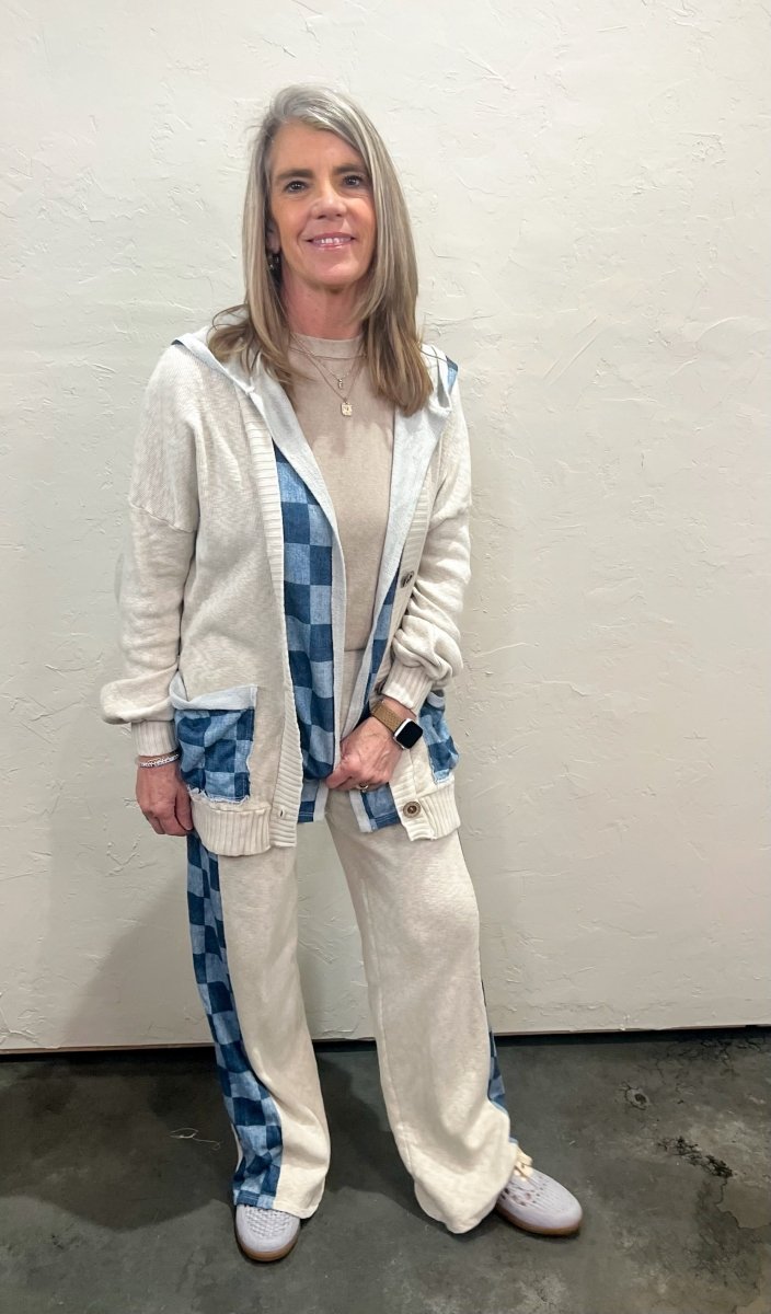 Cooper Check Mix Pants - Snow/Blue - Revel Boutique