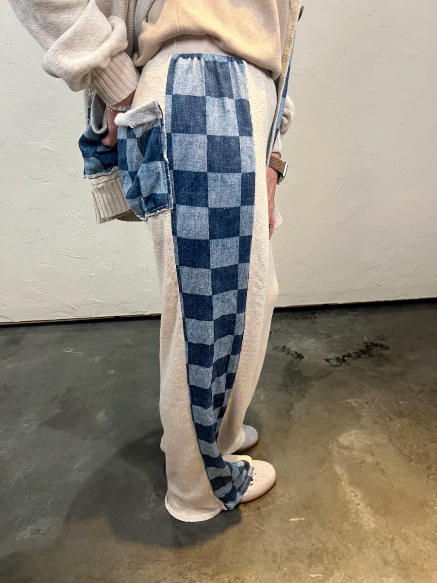 Cooper Check Mix Pants - Snow/Blue - Revel Boutique