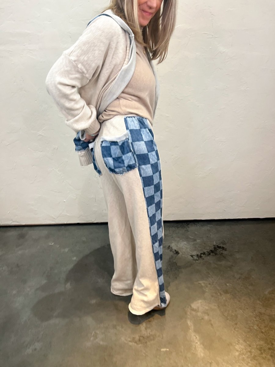 Cooper Check Mix Pants - Snow/Blue - Revel Boutique