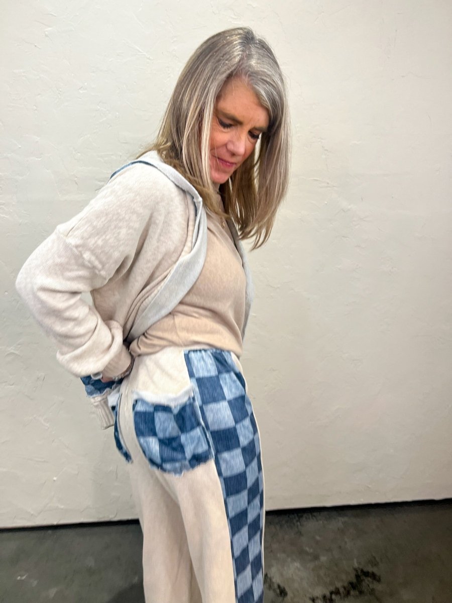 Cooper Check Mix Pants - Snow/Blue - Revel Boutique