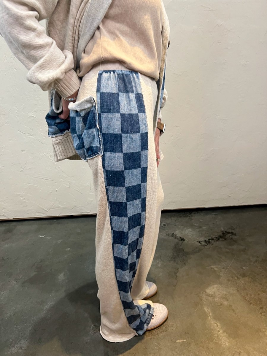 Cooper Check Mix Pants - Snow/Blue - Revel Boutique