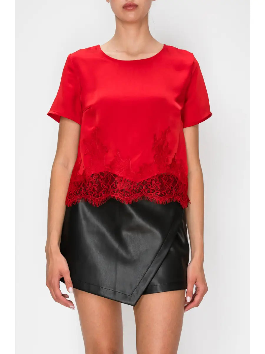 Lace Trim Silk Blouse-Red