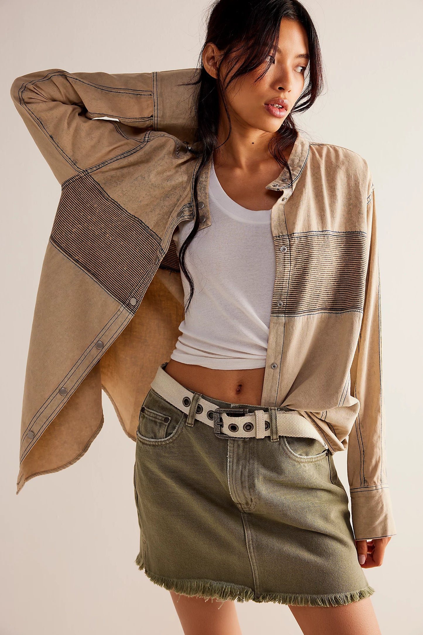 Free People: Moto Color Block Shirt - Sand Jam