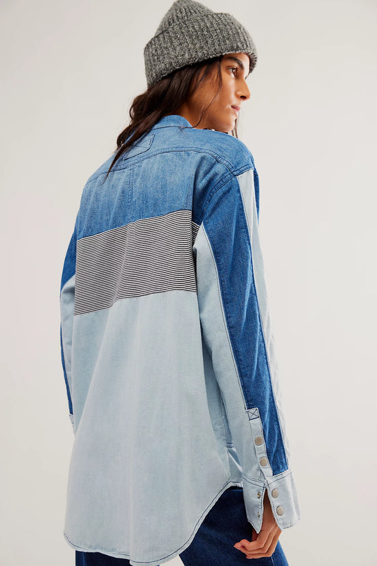 Load image into Gallery viewer, Free People: Moto Color Block Shirt - Blue Combo
