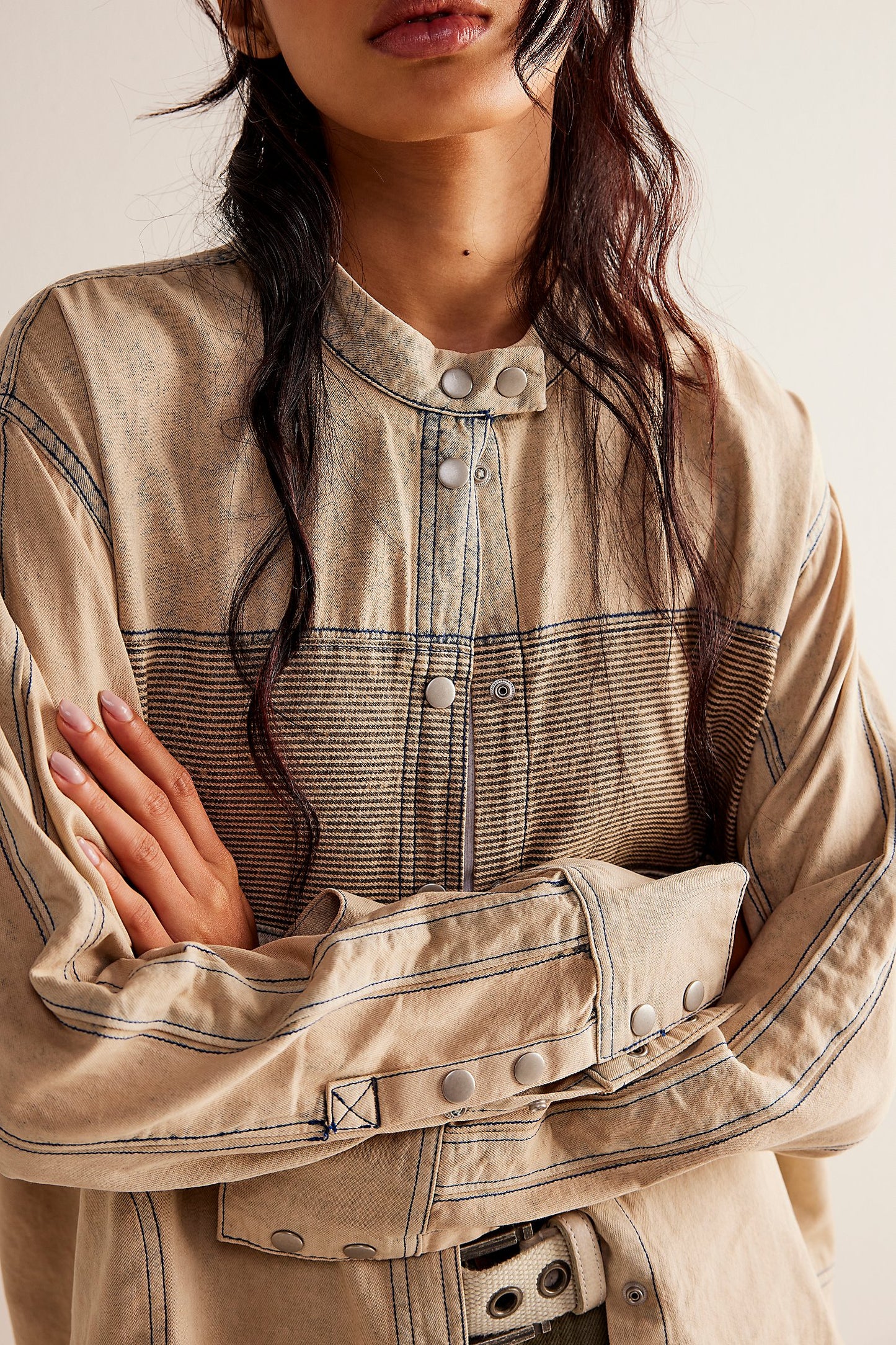 Free People: Moto Color Block Shirt - Sand Jam