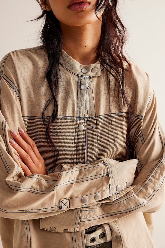 Free People: Moto Color Block Shirt - Sand Jam