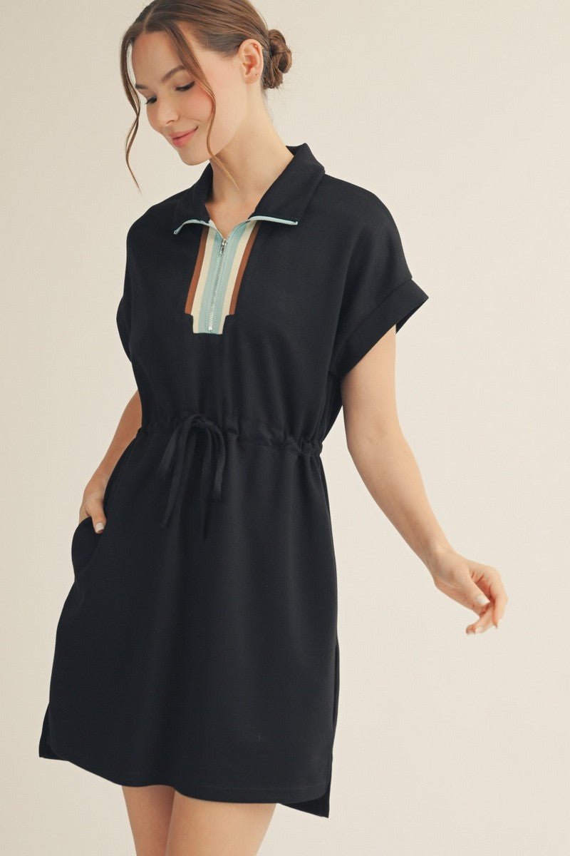Drawstring Waist Casual Dress - Black - Revel Boutique
