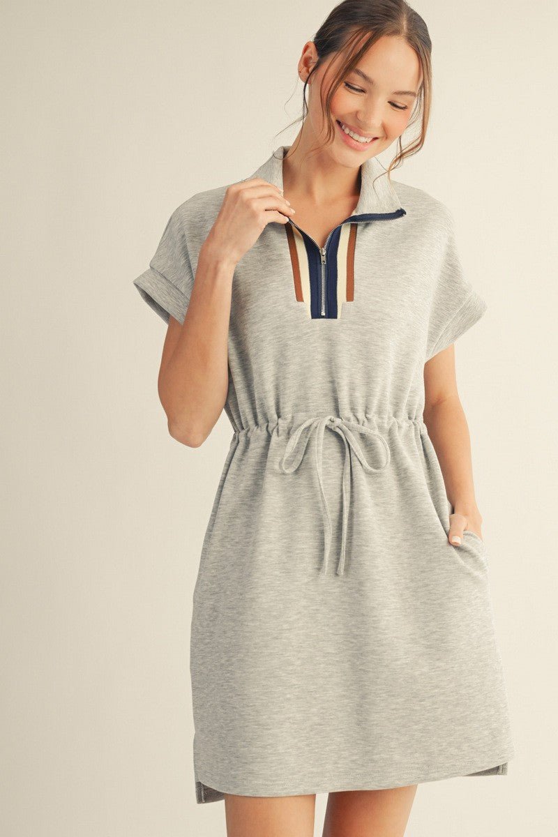 Drawstring Waist Casual Dress - Grey - Revel Boutique
