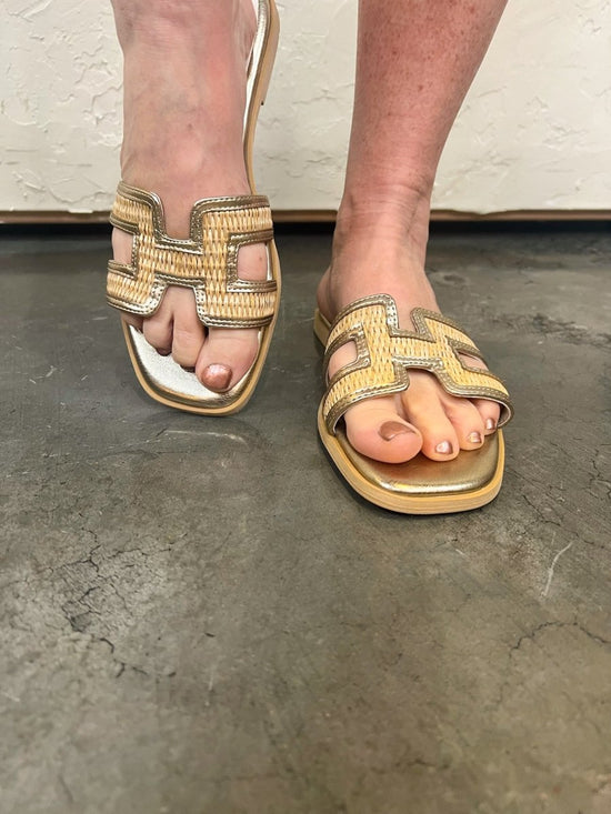 Load image into Gallery viewer, Ena Gold Cutout Raffia Sandal - Revel Boutique
