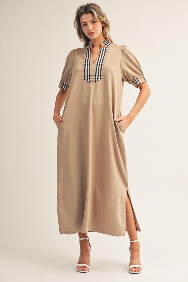 English Plaid Maxi Side Slit Dress - Taupe - Revel Boutique