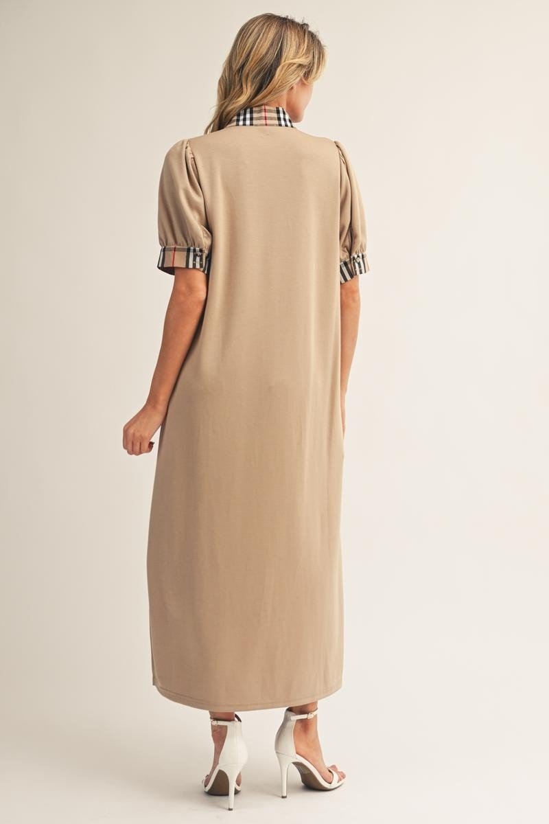 English Plaid Maxi Side Slit Dress - Taupe - Revel Boutique