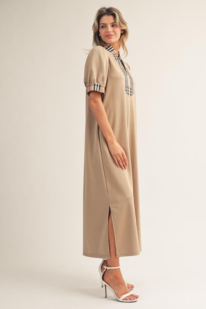 English Plaid Maxi Side Slit Dress - Taupe - Revel Boutique
