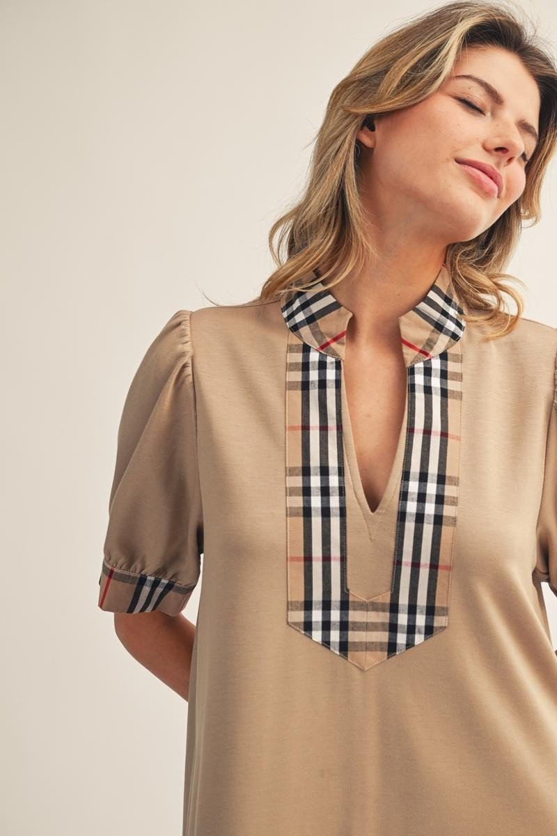 English Plaid Maxi Side Slit Dress - Taupe - Revel Boutique