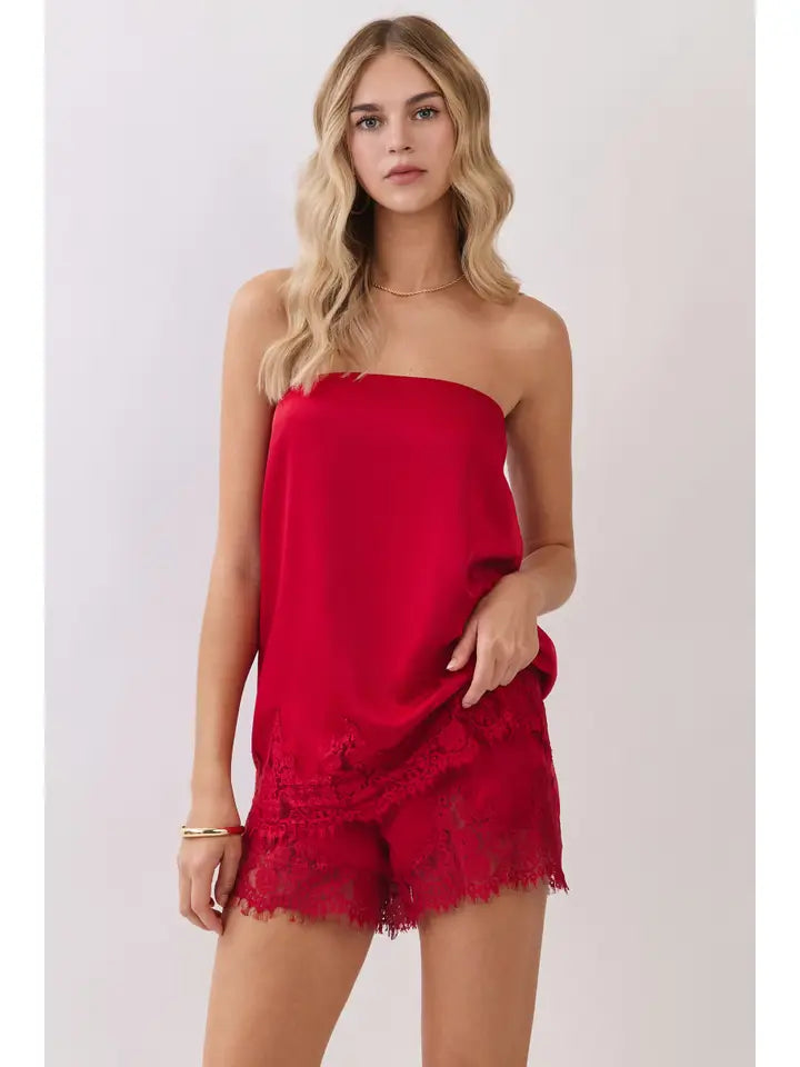 Strapless Lace Top-Red