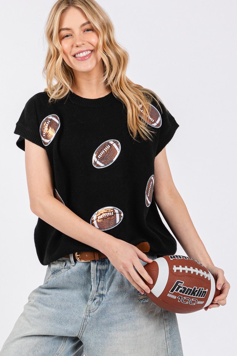 Football Patch Sweater - Black - Revel Boutique